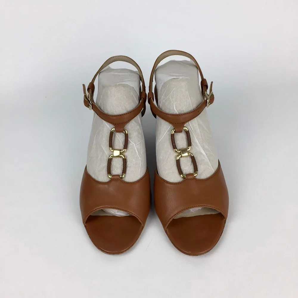 AGL Attilio Giusti Leombruni Womens Tan Wedge Sandal Gold Buckle size 40 US 10